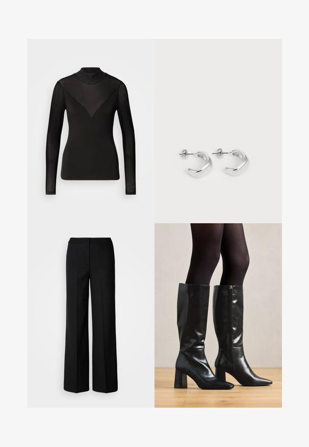 Sort langærmet top med gennemsigtige paneler, der danner en V-form ved halsen. Glat tekstur, tætsiddende design, høj hals.; Sorte brede bukser i glat stof, med høj talje, skræddersyede sømme og et minimalistisk design. Ingen synlig hardware eller lommer.; Knæhøje sorte læderstøvler med en blank finish, spids tå og kraftig hæl. Side lynlåsdetalje for nem påklædning.; Sølvøreringe med en glat, poleret overflade. Rund form med et let buet design og sammenblandede kanter. Med stiftlåsesystem.