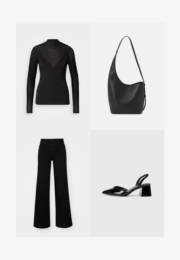 Black long-sleeve top with sheer paneling forming a V shape at the neckline. Smooth texture, fitted design, high neck.; Black wide-leg pants made of denim, featuring a structured waistband, belt loops, and front pockets. Smooth texture with a classic design.; Black patent leather slingback heels with a pointed toe and a geometric block heel. Features a sleek, minimal design and smooth texture.; Black leather hobo bag with a smooth texture, curved shape, and single adjustable strap; features a wide opening at the top.