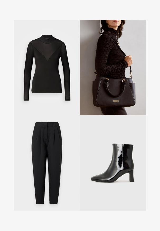 Sort langærmet top med gennemsigtige paneler, der danner en V-form ved halsen. Glat tekstur, tætsiddende design, høj hals.; Sorte bukser med lige pasform, der har præferencer foran, en glat tekstur og sidelommer. Taljen har standardhøjde.; Sort lakeret ankelstøvle med spids tå og en midt-højde blokhæl. Glat tekstur og minimalistisk design.; Sort håndtaske med struktureret overflade, dobbelt topbærere og justerbar skulderrem. Udstyret med guldfarvet metalhardware og sidelommer.