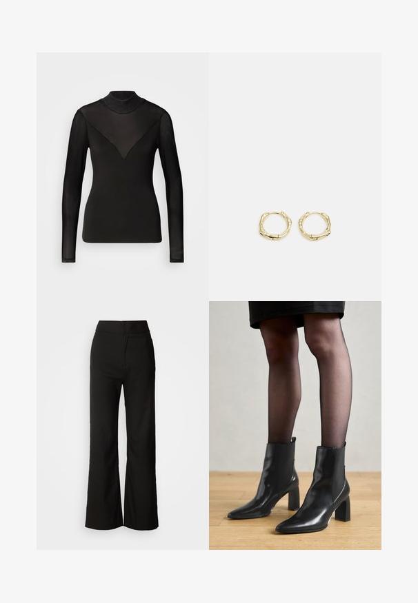 Schwarzes Langarmoberteil mit durchscheinenden Einsätzen, die eine V-Form am Kragen bilden. Glatte Textur, figurbetontes Design, hoher Kragen.; Schwarze weit geschnittene Hosen mit glatter Textur, hoher Taille und klarem Design. Keine sichtbaren Taschen oder Verzierungen.; Schwarze Leder-Ankle-Boots mit spitzer Zehenform, klobigem quadratischem Absatz und schlankem Design. Verfügt über elastische seitliche Einsätze für leichtes An- und Ausziehen.; Goldene Creolen mit einer strukturierten, unregelmäßigen Form. Sie verfügen über einen nahtlosen Verschluss und eine polierte Oberflächenbehandlung, die ein modernes Design betont.