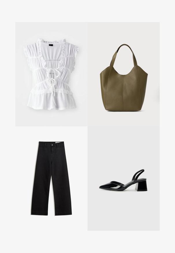 White blouse featuring ruffled short sleeves, textured fabric, a deep V-neck with a tie front, and tiered frill detailing at the hem.; Black wide-leg denim pants with a high waist, featuring front and back pockets, stitched seams, and a button closure. Smooth texture.; Black patent leather slingback heels with a pointed toe and a geometric block heel. Features a sleek, minimal design and smooth texture.; Olive green leather tote bag with dual straps, smooth texture, and four panel design. Reinforced stitching along seams for durability.