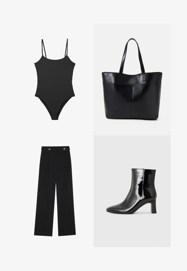 Črn enodelni kopalni kostim z tankimi nastavljivimi naramnicami, gladko tekstilno obdelavo in visokim izrezom na nogah. Minimalističen stil brez okrasnih dodatkov.; Črne široke hlače s visokim pasom, gumbnimi detajli na pasu in sprednjimi gubami.; Črne lakirane gležnjarje z ošiljenim nosom in srednje visokim blokastim peto. Gladka tekstura in minimalističen dizajn.; Črna usnjena torba z dvema dolgima ročajema, gladko teksturo in strukturirano obliko. Ima sprednji žep za dodatno shranjevanje.