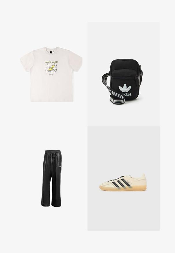 Hvid bomulds t-shirt med et grafik af en gul fugl og teksten "BRYDE FRIE!" i sort. Korte ærmer med en løs pasform.; Sorte syntetiske træningsbukser med elastisk talje, prydet med hvide side-striber og et lille hvidt logo på venstre hofte.; Lys cremefarvet sneaker med sort tre-stribe-design, tekstureret overdel, rund tå og gummisål. Har snørebånd og branding på siden.; Sort stof crossbody tas med lynlås, der har et hvidt Adidas-logo og en stribet justerbar rem for nem bæring.