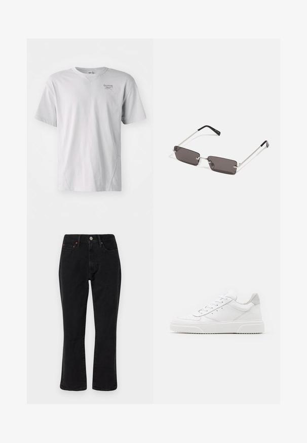 Heledhall hall t-särk lühikeste varrukatega, valmistatud pehmest kangast; omab ümmargust kaelust ja diskreetset Reeboki logo rinna peal. Lihtne disain, ilma mustriteta.; Mustad mustrid teksased, klassikalise sirge jalgade lõikega, viie taskuga stiilis ning metallist detailidega, millel on vasest aktsendid. Sile tekstuur ja keskmine tõus.; Valged nahast spordijalatsid siledast nahast viimistlusega, ümarate varvastega, lamekestega ja tekstuuriga tallaga. Hall suede aktsent kanna juures.; Kübarid, millel on ristkülikukujulised, tumedhalli värvi läätsed, hõbedased metallraamid ja mustad plastotsad käeotsades. Kerge disain koos nina padjadega.