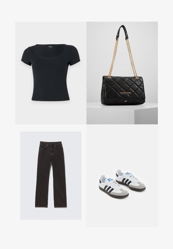 Fekete, rövid ujjas, testhez álló póló négyzet alakú nyakkivágással. Simaságával jellemző pamut anyagból készült. Egyszerű dizájn, látható minták vagy díszítések nélkül.; Fekete farmernadrág egyenes szárú, öt zsebes kialakítással és gombos záródással. Jellemző textúra- és varrásszélesség részletek láthatók.; Fehér bőr felsőrészes sportcipő, szürke velúrból készült orral és három fekete csíkkal. Jellemzője a kék logó a nyelvén és egy texturált gumitalp.; Fekete steppelt bőrtáska arany lánc pánttal és logó részlettel. Téglalap alakú, sima textúrájú, fedélzáras kialakítással.