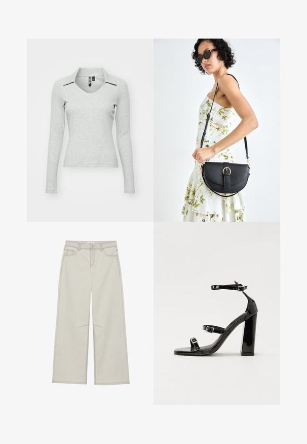 Lys grå langermet V-hals topp med krage, laget av myk, teksturert stoff med en tettsittende design og minimal dekorasjon.; Lys grå vide bukser med fem lommer, frontknaplukning og kontrastsying langs sømmene. Stoffet ser blødt og holdbart ud.; Svart høyglans sandaler med hæl, firkantet tå, ankelremmer og sølvspenner. Har en kraftig blokkhæl for stabilitet.; Svart lærveske med en buet form, avtagbar stropp og gullbeslag. Vesken har et klaff med spenne-detall.
