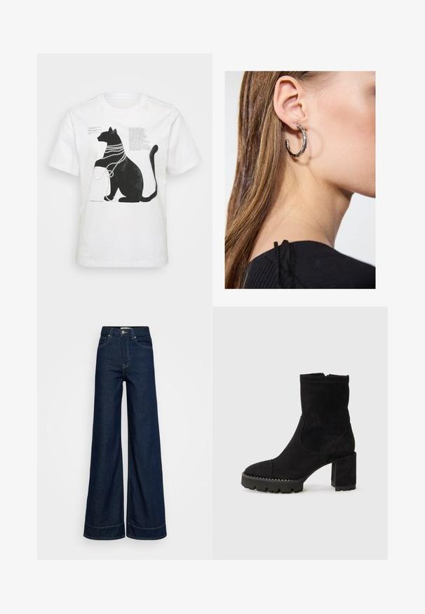 Balta kokvilnas t-krekls ar melna kaķa grafiku, kas rotāta ar pērļu pērlēm, kopā ar tekstu kreisajā pusē.; Tumši zili augstā jostasvietā platā kāju džinsi ar priekšējām kabatām, jostas cilpām, pogu aizdari un redzamu šuvju uz balta fona.; Melnas potītes zābaki no zamša ar kvadrātveida purngalu, masīvu papēdi un teksturētu gumijas zoli ar zigzaga akcentiem. Gluda apdare.; Sudraba auskars ar pulētu apdari, ar maziem zelta akcentiem un apaļu formu, uz ausu ļipiņas.
