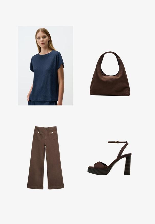 Navyblaues, strukturiertes Kurzarmoberteil mit Rundhalsausschnitt, das einen leicht lockeren Schnitt und ein dezentes, erhabenes Muster im gesamten Stoff aufweist.; Braune weit geschnittene Hosen aus Baumwolle, mit zwei Fronttaschen mit silbernen Knöpfen und einer glatten Textur.; Braune Wildleder-Pumps mit offenem Zeh, verstellbarem Knöchelriemen und gestreiftem Plateausohlen.; Weiche braune Hobo-Stil Handtasche mit einem einzigen breiten Trageriemen und einer geschwungenen Oberteilöffnung, auf einem weißen Hintergrund präsentiert.