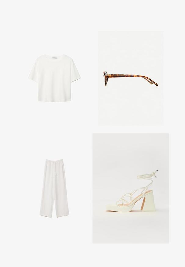 Bela kratka majica s kratkimi rokavi iz bombaža. Ima okroglo izrezovanje in sproščen kroj. Gladka tekstura brez vidnih vzorcev ali poudarkov.; Bele široke hlače iz lahkega materiala. Imajo elastičen pas s vrvico in stranske žepe. Gladka tekstura.; Bela sandala na visokih petah s debelim petam, ki ima obliko trakcev in vezanje okoli gležnja. Gladka tekstura z platformo spredaj za dodatno višino.; Sončna očala iz želvosliva z debelimi okvirji, rahlo ukrivljenimi nogicami in gladko teksturo. Imajo klasičen dizajn z sijočim finišom.