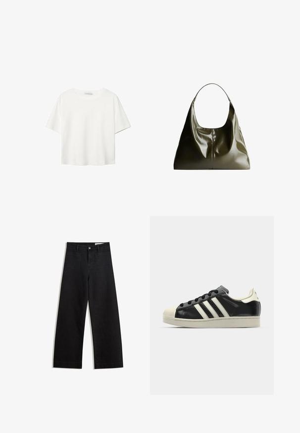 Bijela majica kratkih rukava od pamuka. Ima okrugli izrez i opušteni kroj. Glatka tekstura bez vidljivih uzoraka ili naglasaka.; Crne široke traperice s visokim strukom, s prednjim i stražnjim džepovima, šivenim šavovima i kopčanjem na gumb. Glatka tekstura.; Crni kožni tenisice s bijelim prugama, gumeni zaštitni vrh, crne vezice i bijela potplata boje krem. Glatka tekstura s sjajnim završetkom.; Maslinasto zelena kožna torba za rame s glatkom, sjajnom površinom. Ima zaobljen vrh i mekan, drapirani oblik. Minimalistički dizajn.