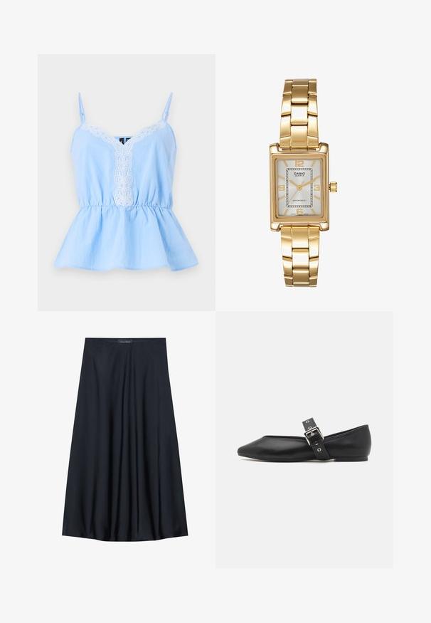 Top fără mâneci, de culoare albastru deschis, cu decolteu în formă de V, având detalii brodate albe pe partea din față și o talie elastică pentru un siluetă evazată.; Top galben fără mâneci, cu un finisaj texturat și un detaliu de plisare pe lateral. Material moale și o croială lejeră, având un tiv drept.; Fustă neagră, până la genunchi, fabricată dintr-un material ușor, cu un design fluid. Prezintă o textură netedă și pliseuri subtile pentru un detaliu suplimentar.; Pantofii din piele neagră, cu vârf ascuțit, curea laterală cu o cataramă din argint și toc mic. Textură netedă și design minimalist.; Ceas de mână rectangular cu nuanță aurie, cu un cadran alb, marcaje argintii pentru ore și o brățară din linkuri metalice durabile. Include caracteristica de rezistență la apă.