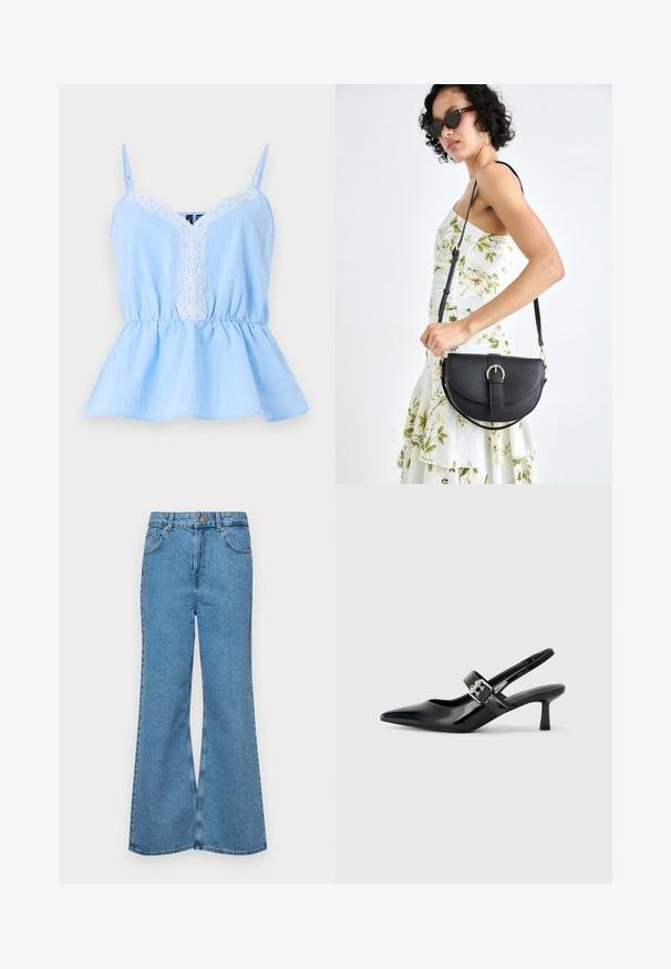 Ljusblå ärmlös topp med V-ringning, med vit broderad detaljering framtill och ett elastiskt midjeband för en utsvängd silhuett.; Ljust blå vida jeans i denim, med hög midja, fem fickor och en enda knappstängning. Mjuk textur med blekt finish.; Svarta patentläder slingback-klackar med spetsig tå och en liten blockklack, med en silvrig spänneaccent på remmen.; Svart läderhandväska med en böjd form, avtagbar rem och guldiga detaljer. Väskan har ett lock med en spänndetalj.