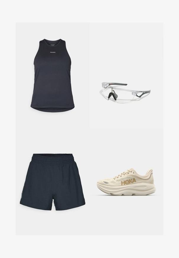 Dunkelgraues sportliches Tanktop aus strukturiertem Stoff; hat einen Rundhalsausschnitt und die Marke "SALOMON" in Weiß auf der Vorderseite aufgedruckt.; Dunkelblaue Athletik-Shorts aus leichtem Material. Elastischer Bund, lockere Passform und keine sichtbaren Taschen oder Muster.; Helle beige Laufschuhe mit Obermaterial aus Mesh, gepolstertem Kragen, hervorgehobenem "HOKA"-Logo in Gold und dicker, gepolsterter Sohle für Komfort.; Klare Schutzbrille mit einem leichten, transparenten Rahmen und grauen Akzenten. Verfügt über ein umschließendes Design und ein verstellbares Nasenstück.