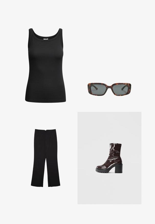 Czarny prążkowany top na ramiączkach z zaokrąglonym dekoltem i przeszytymi krawędziami, wykonany z elastycznego materiału dla dopasowanego fasonu.; Czarne spodnie o prostym kroju, z przednimi kieszeniami i bocznymi rozcięciami na dole. Wykonane z miękkiego, gładkiego materiału. Odpowiednie na różne okazje.; Błyszczące bordowe botki za kostkę z masywną czarną obcasem, charakteryzujące się gładką teksturą i prostym wzornictwem. Brak widocznych zapięć lub wzorów.; Okulary przeciwsłoneczne w kratkę w kształcie prostokątnym, z grubymi oprawkami i ciemnymi szkłami. Gładka faktura i minimalistyczny design.