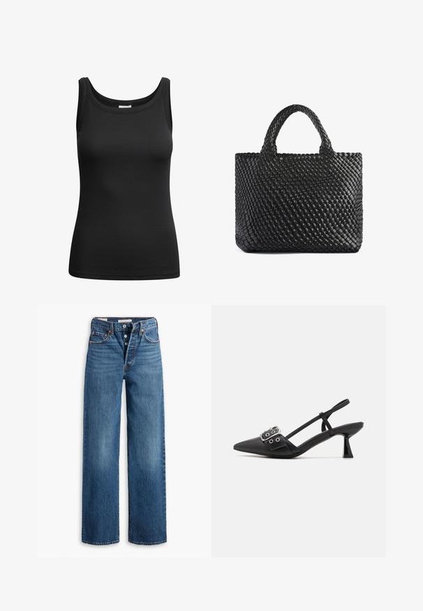 Svart ribbad linne med rundad halsringning och sydda kanter, tillverkat av elastiskt material för en figurnära silhuett.; Blå denimjeans med bred bendesign, fem fickor, knappgylf och kontrasterande sömmar. Texturerad tyg med en blekt finish.; Simmi London DALA - Pumps - black; Svart vävd toteväska med två handtag, med en texturerad yta och rektangulär form. Enkel, unik design utan synlig hårdvara.