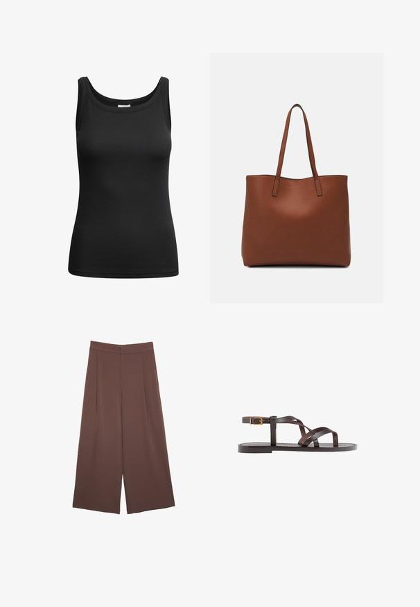 Černý žebrovaný top na ramínka s vytvarovaným výstřihem a prošitými okraji, vyrobený z elastického materiálu pro přiléhavý střih.; Hnědé široké kalhoty s hladkou texturou, vysokým pasem a předními záhyby. Materiál je lehký a volně splývá.; Hnědé kožené sandály s kříženými pásky, uzavřením na přezku u kotníku a plochou podrážkou s minimem švů.; Hnědá kožená taška přes rameno s hladkou texturou, otevřeným designem a dvěma ramenními popruhy. Obsahuje minimální švy a žádné viditelné kovové prvky.