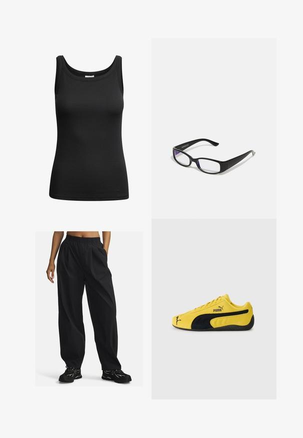 Top senza maniche nero a costine con scollatura a giro e bordi cuciti, realizzato in tessuto elastico per una silhouette aderente.; Pantaloni neri, di taglio oversize, realizzati in tessuto leggero con vita elastica, dotati di tasche laterali e una texture liscia.; Sneaker giallo in suede con accenti in suede neri. Presenta una suola testurizzata, design con lacci e logo Puma sul lato e sulla lingua.; Occhiali rettangolari neri con lenti trasparenti. Finitura lucida, bracci sottili e una sfumatura viola visibile ai bordi delle lenti.; Borsa in denim blu scuro dalla forma arrotondata, con molteplici tasche esterne, tracolla regolabile e dettagli in metallo argentato. Include una maniglia superiore.; Collana in argento con pendente a croce lucido. La catena è delicata e la croce ha un design elegante e minimalista.