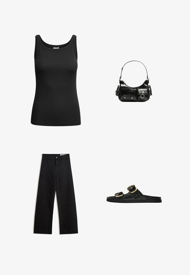 Črna rebrasta majica brez naramnic z izrezom in pošitimi robovi, izdelana iz elastičnega blaga za oprijet silhueto.; Črne široke denim hlače z visokim pasom, ki imajo sprednje in zadnje žepe, šivane šive ter gumbasto zapiranje. Gladka tekstura.; Črne drsne sandale z dvema zlatima zaponkama, gladkega materiala, ravnim podplatom in minimalističnim dizajnom.; Črna lakasta usnjena torbica s ukrivljeno obliko, enim ramenskim trakom, sprednjimi žepi in srebrnimi kovinskimi dodatki.