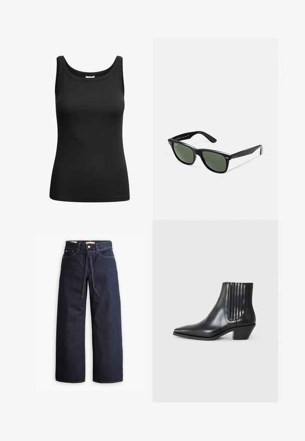 Schwarzes, geripptes Tanktop mit Rundhalsausschnitt und genähten Kanten, aus elastischem Stoff für eine figurbetonte Silhouette.; Weite, dunkelblaue Jeans aus Denim mit hoher Taille, ausgestattet mit einem Kordelzug, fünf Taschen und kontrastierenden Nähdetails.; Schwarze Leder-Ankle-Boots mit spitzem Zehenbereich, seitlichen elastischen Einsätzen mit vertikalen Rillen und einem niedrigen Blockabsatz. Glatte Textur und elegantes Design.; Schwarze Plastiksonnenbrille mit grünen Gläsern, quadratischen Rahmen, silbernem Akzent auf der Augenbraue und strukturierten Bügeln. Angegebene Marke auf dem inneren Bügel.; Schwarze geflochtene Tragetasche mit zwei stabilen Griffen, die eine glänzende Textur und ein geräumiges offenes Design bietet.