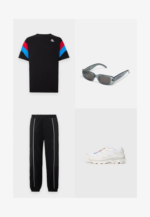 Melna t-krekls ar sarkanām un zilām svītrām uz pleciem. Balts logo augšējā kreisajā stūrī. Kokvilnas materiāls, īsas piedurknes.; Melni sporta bikses ar baltām sānu svītrām, elastīgu jostasvietu un piedurknēm. Izgatavotas no mīksta, teksturēta auduma, kas nodrošina ērtību un elastību.; Balti sporta apavi ar teksturētu sietu augšdaļu, atstarojošiem akcentiem un mīkstu zoli. Izteikts zīmola logotips sānos.; Santa Cruz INFERNO UNISEX - Saulesbrilles - crystal black
