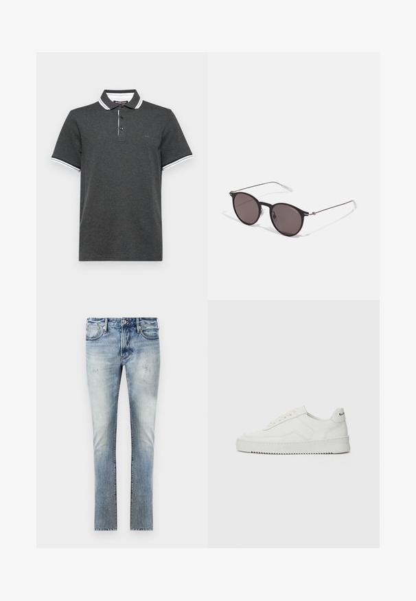 Sötétszürke, rövid ujjú polo ing fehér és fekete csíkozott gallérral és ujjvégekkel, gombos záródással és diszkrét "MK" logóval a mellkasán.; Világoskék farmernadrág, kopott hatással, slim fit kialakítással, öt zsebbel és eltérő színű varrással a varratoknál.; Fehér bőr sportcipő sima felülettel, kerek orral, lapos fűzőkkel és texturált talppal. Finom logó található a sarokon.; Fekete kerek napszemüveg sötét lencsékkel és karcsú fém szárakkal. Átlátszó szárvégeket és ezüst részleteket tartalmaz az ívnél. Minimalista dizájn.