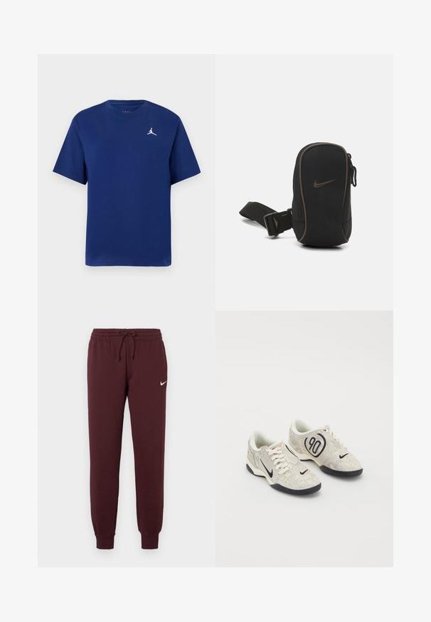 Marineblaue Baumwoll-T-Shirt mit kurzen Ärmeln, Rundhalsausschnitt und weißem Jumpman-Logo auf der Brust. Einfaches, klassisches Design.; Bordeauxrote Jogginghose mit elastischem Bund und Kordelzug. Sie verfügt über gerippte Bündchen und ein kleines weißes Nike-Logo am linken Oberschenkel. Glatte Textur.; Nike-Sneaker mit einem beigen und grauen texturierten Obermaterial, schwarzen Akzenten, einem großen "90"-Logo und einer weißen Schnürverschluss. Schwarze Sohle.; Schwarze Nike-Tasche mit einem Reißverschluss, strukturiertem Stoff, braunen Akzenten und einem abnehmbaren Tragegurt. Auf der Vorderseite befindet sich ein markantes Nike-Logo.