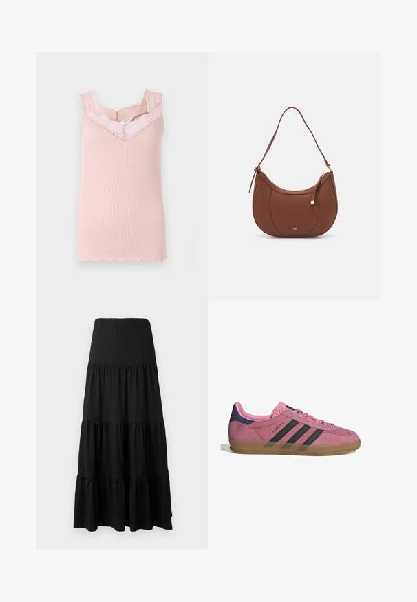 Růžový žebrovaný tílko s krajkovým lemem kolem výstřihu a armhole. Obsahuje výstřih do V a vlnité okraje na lemu.; Černá maxi sukně vyrobená z měkké tkaniny, s vrstveným designem, elastickým pasem a volánkovými detaily na lemu.; Růžové semišové tenisky s černými pruhy, gumovou podrážkou a strukturovaným fialovým podpatkem. Disponují šněrovacím designem a embosovaným logem na boku.; Hnědá kabelka přes rameno z umělé kůže s zakřiveným tvarem, minimálním prošíváním a zlatým kovovým akcentem. Disponuje vrchním zipovým uzavíráním a nastavitelným popruhem.