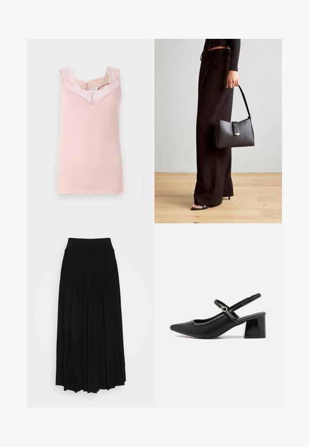 Vaaleanpunainen ribatettu toppi, jossa on pitsireunus kaula-aukon ja käsivarsien ympärillä. Ominaisuuksiin kuuluu V-pääntie ja scallop-reunat helma. ; Musta plyytilaakkohame, jossa on korkea, joustava vyötärö. Valmistettu pehmeästä kankaasta, jossa on pystysuoria plyysit, jotka luovat virtaavan siluetin.; Musta lakattu nahka slingback-korkokengät, joissa on terävä kärki, pyöreä aukko-muotoilu ja lohkokorko. Varustettu kultasävyisellä solkiyksityiskohdalla.; Musta käsilaukku, jossa on rakenteellinen muoto, sileä pinta ja metallinen solki. Yhdistetty leveisiin mustiin housuihin ja avonaiheisiin sandaaleihin puulattialla.