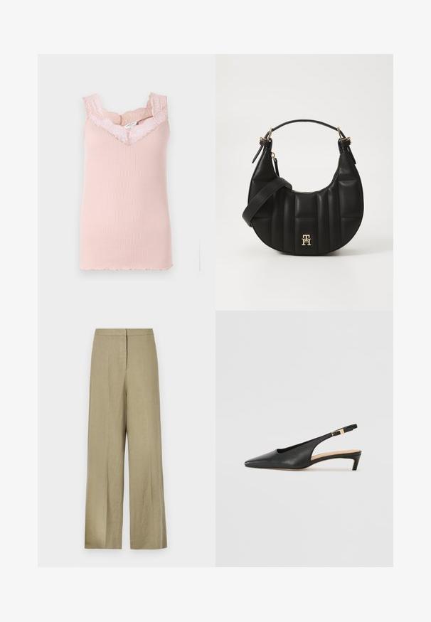 Lyserød ribbet tanktop med blonder kanter om halsudskæringen og ærmelængderne. Har en V-udskæring og bølget kant ved nederste kant.; Lys grønne, vide bukser lavet af linned. Har en høj talje og et rent fordesign med en enkelt plissé.; Sorte læder slingback hæle med spids tå, lav hæl og justerbar ankelstrop med en guldfarvet spænde. Glat tekstur.; Sort læderhandtaske med en bøjelig form, kviltet tekstur og guld hardware. Har en aftagelig skulderrem og logo-detalje.