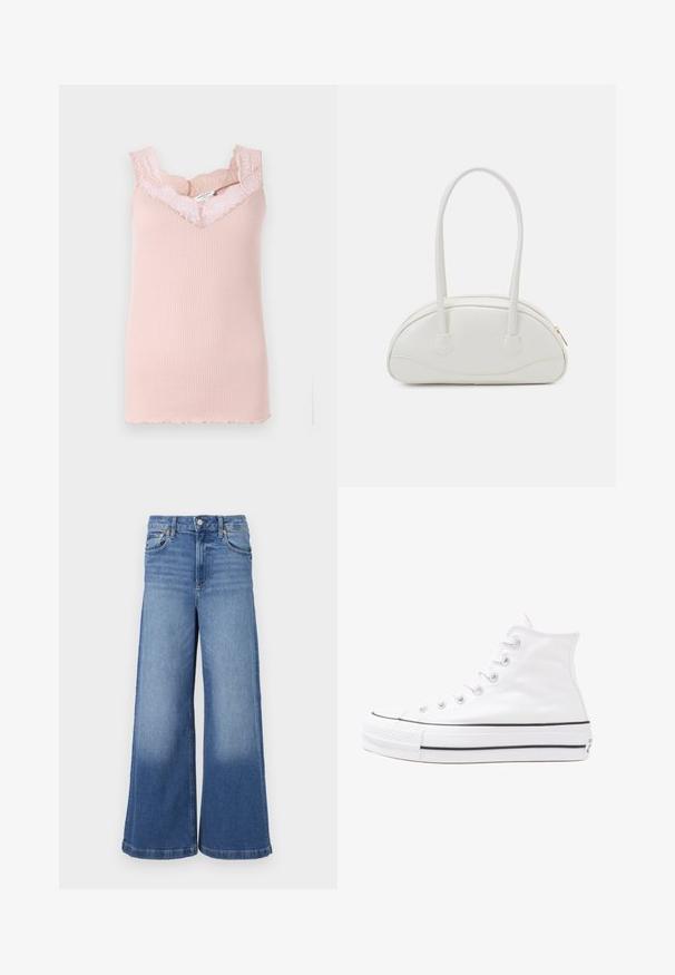 Pink ribbed tank top with lace trim around the neckline and armholes. Features a V-neck and scalloped edges at the hem.; Wide-leg jeans in light blue denim. Features a high waist, five-pocket design, and subtle fading at the hem. Classic stitching details.; White high-top canvas sneaker with black rubber sole, front rubber toe cap, and six eyelets for laces, featuring a clean, minimalist design.; Even&Odd Handbag - off-white
