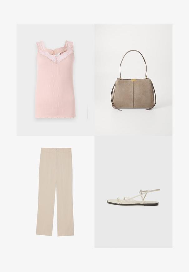 Top a canotta rosa a coste con rifiniture in pizzo attorno al collo e alle aperture delle maniche. Presenta un scollo a V e orli ondulati all'orlo.; Pantaloni beige a gamba larga con una texture liscia, caratterizzati da un fit sartoriale, due tasche anteriori e un delicato dettaglio di piega lungo le gambe.; Sandal in beige piatta con multiple cinghie sottili e una fibbia regolabile. La suola è piatta con un leggero contrasto scuro lungo il bordo.; Tommy Hilfiger CASUAL SHOULDER BAG - Borsa a mano - coastal taupe