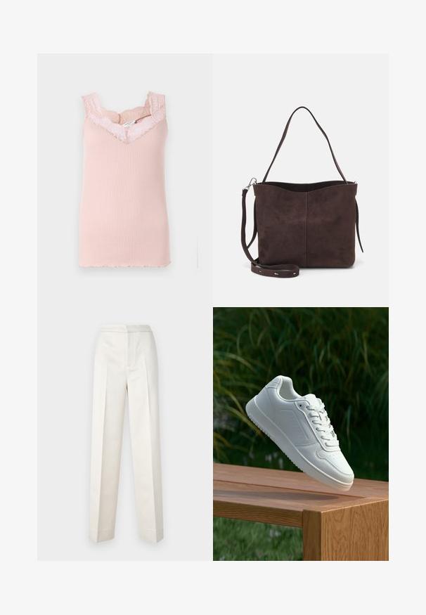 Rozā ribots topiņš ar mežģīņu apdari ap kakla un roku atverēm. Tam ir V-veida kakla izgriezums un viļnains mala apakšā.; Krēma krāsas bikses ar pielāgotu piegriezumu, ar taisnu nogriezumu, gludu audumu, priekšējo krokām un tīru apdari. Minimalistisks dizains.; Baltie sporta apavi ar gludu sintētisku augšpusi, perforētu pirkstu daļu, plakani šņorēm un rakstainu zoli, novietoti uz koka virsmas.; Brūns zamšādas roku soma ar mīkstu tekstūru, aprīkota ar vienu plecu siksnu un nelielu izliekta augšējā atvēruma dizainu. Nav redzamu metāla detaļu.