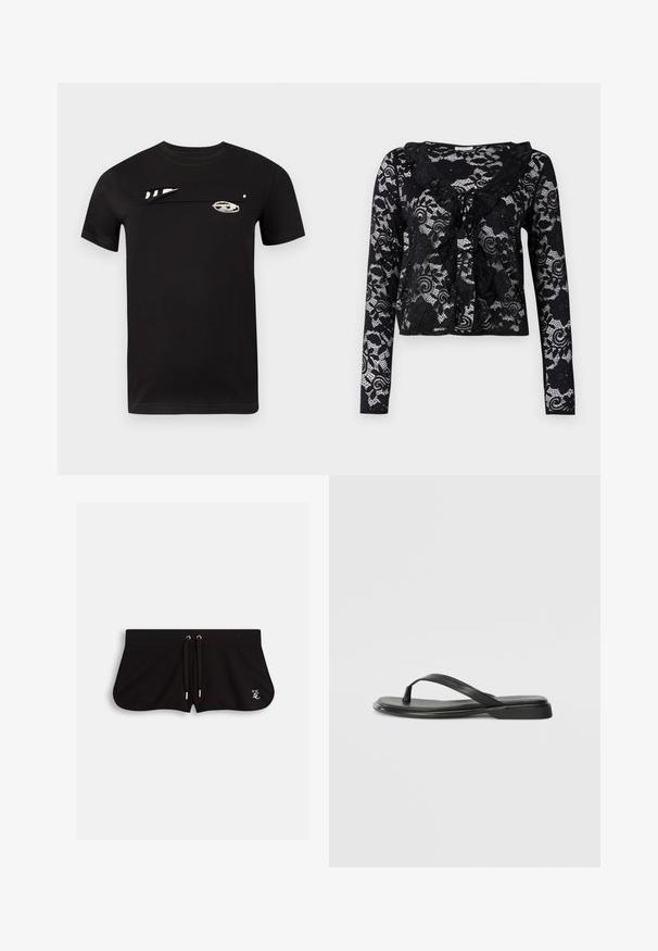 Czarny bawełniany t-shirt z krótkimi rękawami, z unikalnym wzorem na przodzie i białą grafiką. Gładka faktura i standardowy, okrągły dekolt.; Czarny koronkowy kardigan z długimi rękawami, kwiatowymi wzorami, falbaniastym kołnierzykiem, otwartym przodem i wiązaniem przy dekolcie.; Czarne szorty wykonane z miękkiego materiału, z elastycznym paskiem na sznurku, bocznymi rozcięciami i małym haftowanym logo z przodu.; Czarne klapki wykonane z gładkiej skóry, z cienkim paskiem i płaską podeszwą o minimalistycznym profilu. Brak widocznych wzorów lub akcentów.