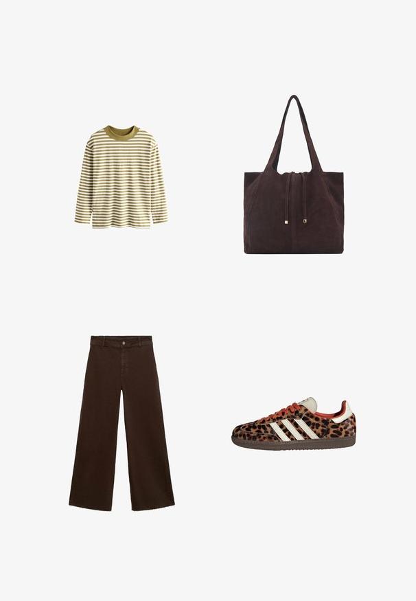 Lange mouw gestreepte shirt in olifanten groen en crème. Het heeft een ronde hals en een relaxte pasvorm. Gemaakt van zachte, gestructureerde stof.; Bruine wijde broek in katoenmix, met een rafelige zoom, sluiting met een knoop aan de voorkant en een klassieke vijf-pocketstijl. Minimalistisch en veelzijdig.; Leopardprint sneakers van suède met rode veters en drie witte strepen aan de zijkant. Bevat een crèmekleurige tong en een bruine zool.; Mango Shopper - dark brown