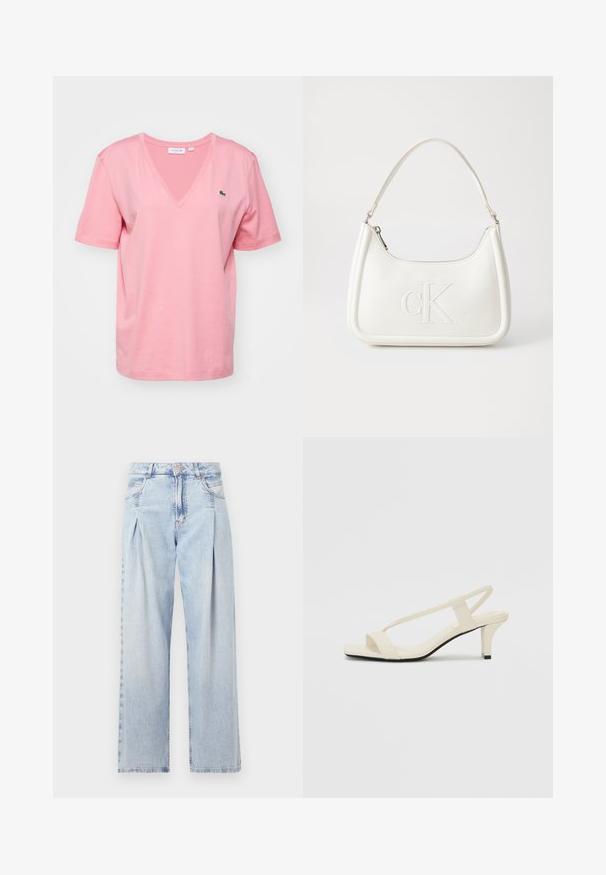 Rozā kokvilnas t-krekls ar V veida kakla, īsām piedurknēm un smalku Lacoste logotipu uz krūtīm. Gluda tekstūra un brīva piegriezuma.; Gaiši zilas džinsu bikses ar augstu jostasvietu, plats kāju griezumu, divām sānu kabatām un krokotā dizaina akcentiem. Mīksta tekstūra ar izdilušu apdari.; Beige bloku papēžu sandales ar plānām siksnām un kvadrāta formas purngalu. Gluda materiāla virsma ar minimālām detaļām, paredzētas ērtai nēsāšanai.; Balta ādas rokassoma ar noapaļotu formu, uz kuras priekšpuses ir izgriezts "CK" logo un viena plecu siksna. Augšā aizverama ar rāvējslēdzēju.