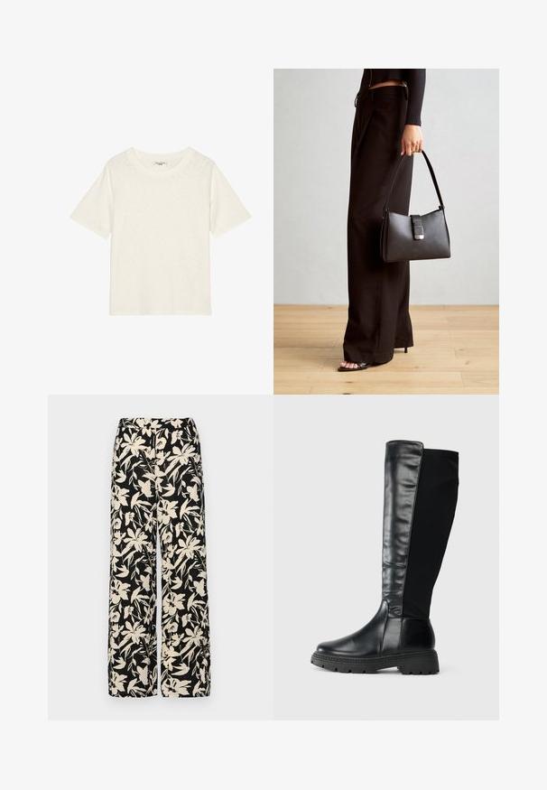 Tricou scurt, de culoare albă-îngălbenită, confecționat dintr-un material moale și texturat, cu guler rotund și croială lejeră. Fără logo-uri sau detalii suplimentare.; Pantaloni negri cu croi larg, decorati cu un model floral crem. Fabricati dintr-un material usor, avand o textura neteda si un talie inalta.; Cizme negre până la genunchi, cu un față din piele fină și un spate din material textil, având o talpă din cauciuc texturat și un vârf rotunjit.; Genți negre cu o formă structurată, textură netedă și un închizător metalic. Asortată cu pantaloni negri largi și sandale cu vârf deschis pe un podea din lemn.