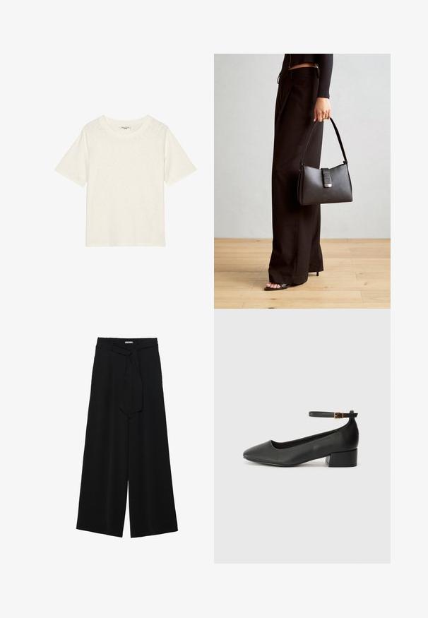 Szója színű, rövid ujjú póló, puha, struktúrált anyagból, kerek nyakkivágással és laza szabással. Nincsenek logók vagy további részletek.; Fekete, bő szárú nadrág, texturált anyagból, rugalmas derékpánttal és levehető sállal a derekán, amely állítható illeszkedést biztosít.; Fekete bőr magassarkú cipő hegyes orral és alacsony tömb sarkal. Bokapánttal rendelkezik, aranyszínű csattal. Simább textúra.; Fekete kézi táska strukturált formával, sima textúrával és fémből készült záródással. Széles fekete nadrággal és nyitott orrú szandállal párosítva, fából készült padlón.