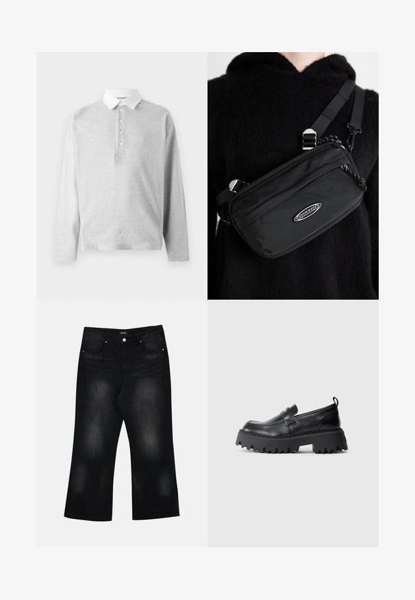 Lys grå langermet polo skjorte laget av myk stoff, med krave i hvit og fire knapper. Jevn tekstur, uformell design.; Svarte vide jeans laget av denim, med to frontlommer, subtil fading og knappelukking i midjen.; Sorte skinn slip-on sko med en grov gummisåle som har en såle med taggete kant og dekorativ rem over forsiden. Rund tådesign.; Svart nylon crossover-veske med justerbar stropp, med en jevn tekstur, en frontlomme med glidelås, og en logo-detalj.