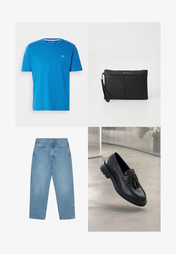 Trumpas rankovėmis marškinėliai ryškių mėlynų spalvų iš medvilnės, su apvalia iškirpte ir mažu baltu siuvinėjimu kairėje krūtinės pusėje.; Šviesiai mėlyni džinsai iš džinsinio audinio, tiesaus kirpimo, su penkiomis kišenėmis ir šiek tiek blukinta tekstūra. Turi sagos ir užtrauktuko užsegimą.; Juodi odiniai bateliai be užsegimo su lygiu paviršiumi, dekoratyvine kutu, stora guminė pado danga ir siūtais akcentais. Lengvi ir elegantiško dizaino.; Juodas sintetinis delninukas su užtrauktuku, rankena ir lygia tekstūra. Yra švelni siuvinėta detalė ir logotipas išlygintas priekyje.