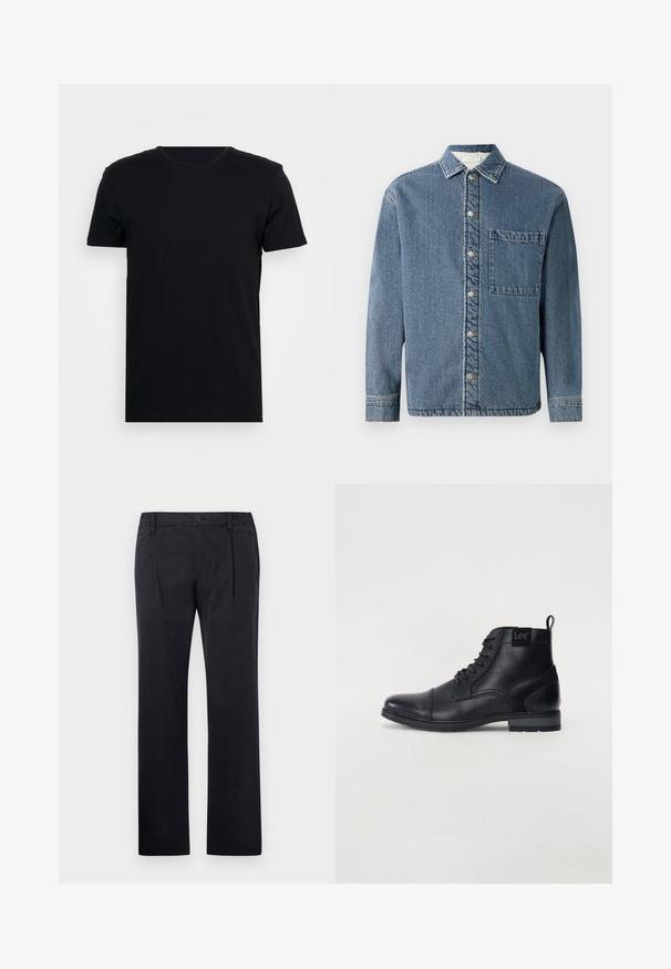 Juodas trumpomis rankovėmis marškinėliai su apykakle, pagaminti iš lygaus audinio, turintys paprastą kirpimą ir jokios matomos tekstūros ar raštų.; Šviesiai mėlyna džinsinė striukė su apykakle, spaudžiamosios mygtukais ir krūtine kišene. Yra laisvas siluetas ir matomi siuvimo detalės.; Juodi medvilniniai kelnės su tiesios kojos dizainu, su mygtuko užsegimu ir elastine juosmeniu, leidžiančiu reguliuoti prigludimą. Lygi tekstūra, be raštų.; Juodos odinės kulkšninių batų su raišteliais priekyje, apvaliu pirštu, plokščiu guminiu padu ir mažu užtrauktuku gale. Šone yra subtilus logotipas.