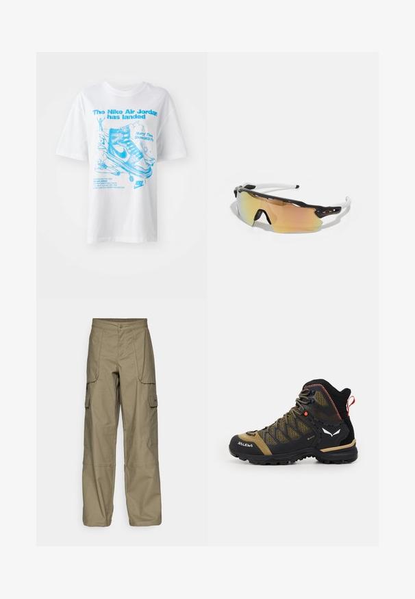 Witte katoenen T-shirt met blauwe grafische tekst en illustraties van Air Jordan-schoenen en een figuur. Korte mouwen en een relaxte pasvorm.; Olijfgroene cargobroek van stof, met een losse pasvorm, meerdere zijzakken en een knoopsluiting in de taille. Soepele textuur.; Mid-height wandelschoen in zwart en olijfgroen, met een bovenwerk van mesh, rubberen zool en textuurelementen met een achterste trekriem.; Zonnebril met een zwart-wit frame, grote spiegelglazen in gouden en roze tinten, aerodynamisch ontwerp en een verlengd buitenrand.