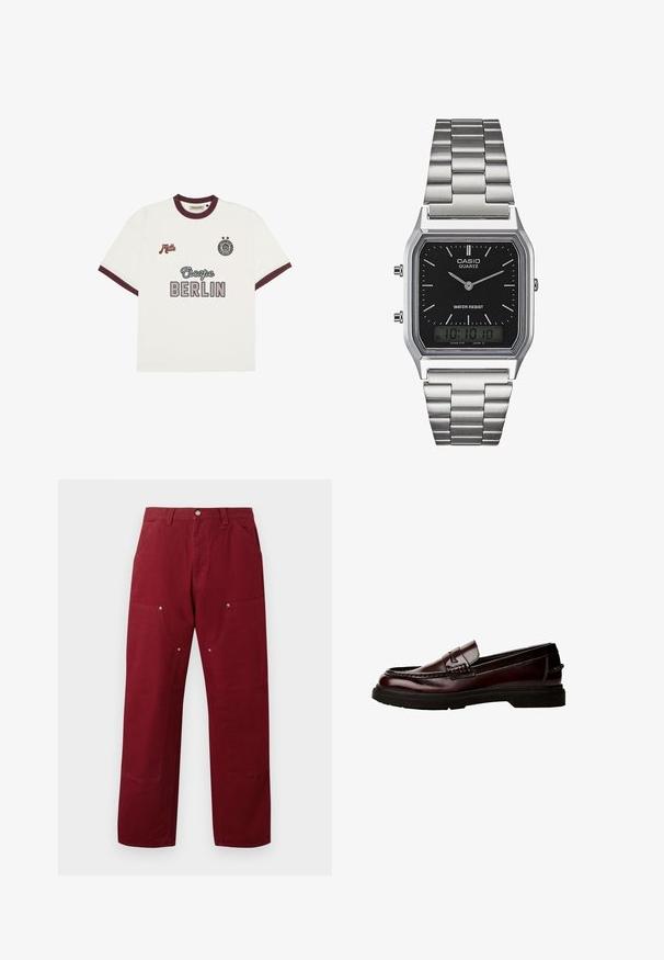 Valkoinen lyhythihainen T-paita, jossa on tummanpunainen reunus, "Escape BERLIN" -teksti etuosassa keskellä, "Mitte" vasemmassa rinnassa ja pyöreä emblem, jossa on kaksi tähteä oikeassa rinnassa.; Burgundin väri puuvillapantsit suoran leikkauksen omaavat, joissa on kaksi etutaskua, hopeiset yksityiskohdat ja polvikorostukset. Sileä pinta, keskikokoinen paino.; Ruske nahkasaappaat pyöreällä varpaalla, yksityiskohtaisella ompeleella ja kumipohjalla. Ominaisuuksiin kuuluu koristeellinen hihna, sileä pinta.; Vesipitävä musta neliskulmainen quartz-kello, jossa on hopeanvärinen ruostumaton teräsranneke, analogiset viisarit ja digitaalinen näyttö.