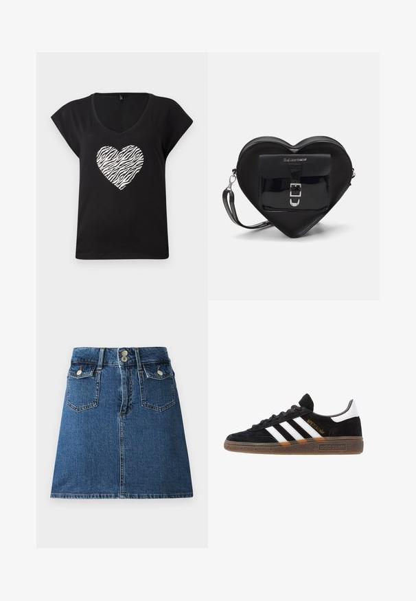 Fekete, rövid ujjú, V-kivágású póló, középen ezüst színű zebra mintás szívvel. Puha pamutból készült.; Sötét kék farmer szoknya, illeszkedő derékpánttal, két elülső zsebbel, két hátsó zsebbel és ezüst színű gombzárakkal.; Fekete Adidas sneaker fehér csíkokkal, arany "Spezial" felirattal, gumitalppal és fehér saroktabbal, profil nézetben bemutatva.; Fekete szív alakú táska lakkbőrből, elülső zsebbel, csattal záródik és levehető pánttal rendelkezik. Ezüst színű kiegészítők.