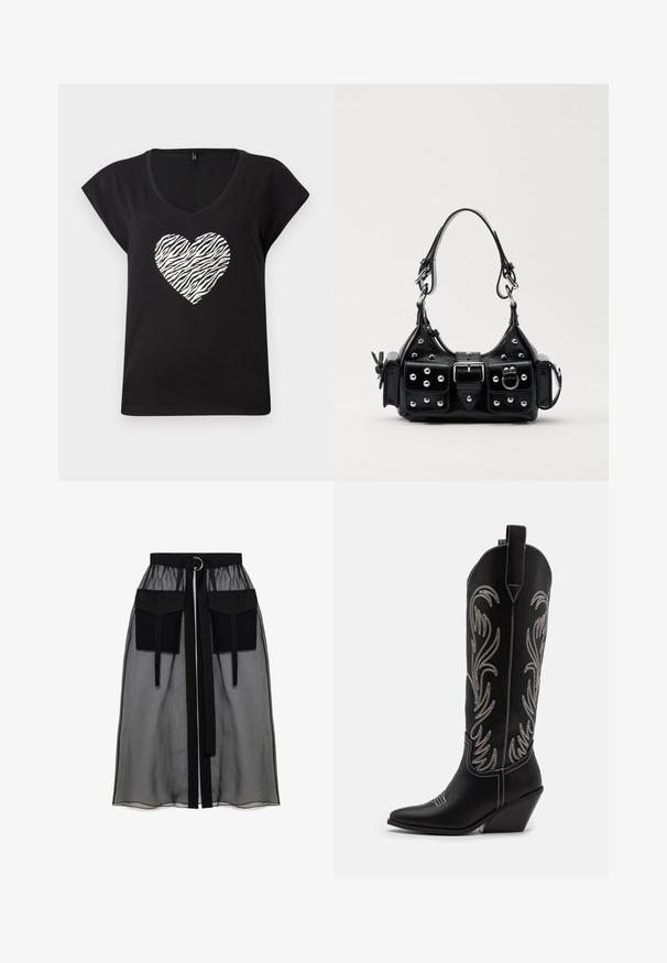 Črna majica s kratkimi rokavi in V-izrezom, občudovanja vredna srebrnega srčnega vzorca zebre v središču. Izdelana iz mehkega bombažnega materiala.; Črna prozorna krila z nabranim pasom, ki ima dva velika sprednja žepa, pas za zavezovanje in okroglo kovinsko dekoracijo.; Črne usnjene kavbojske čevlje s koničastimi prsti, klinastimi petami in srebrnimi vezeninami cvetnega vzorca po vsej dolžini. Kontrastno šivanje povsod.; Črna usnjena torbica s ukrivljenim dizajnom, ki vsebuje srebrne žebljičke, zaponko in dve stranski žepki. Nastavljiv trak za različne možnosti nošenja.