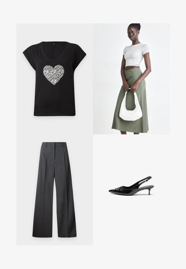 Čierne tričko s krátkymi rukávmi a výstrihom do V, na strede so strieborným srdcom so vzorom zebry. Vyrobené z jemného bavlneného materiálu.; Nohavice s širokými nohavicami z tmavošedej látky, s vysokým pásom, jedinými záhybmi a hladkou textúrou s čistým zakončením na lemoch.; Čierne kožené slingback podpätky s ostrou špičkou, malým podpatkom a dekoratívnym uzlom vpredu. Hladký povrch po celom obvode.; Sivý pruhovaný crop top a olivovo zelená sukňa s vysokým pásom. Model drží bielu ramennú tašku s vyrezávanými detailmi. Jednoduchý dizajn, priliehavý strih.