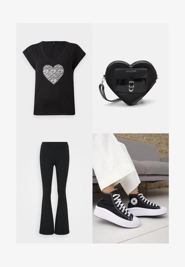 Black t-shirt with short sleeves and V-neck, featuring a silver zebra-patterned heart in the center. Made of soft cotton material.; Black flared pants made of stretchy fabric, featuring a high waistband and a smooth texture. The pants flare out from the knee.; Black high-top sneakers with white rubber soles and laces. Features a round logo patch and contrasting white stitching. Canvas material.; Black heart-shaped bag made of patent leather with a front pocket featuring a buckle closure and a detachable strap. Silver hardware accents.