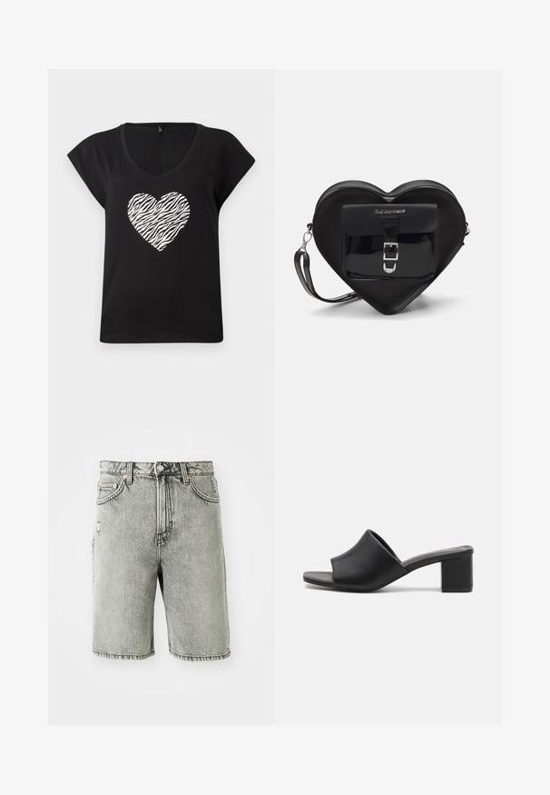 Fekete, rövid ujjú, V-kivágású póló, középen ezüst színű zebra mintás szívvel. Puha pamutból készült.; Szürke farmer rövidnadrág, klasszikus öt zsebes dizájnnal, kopott hatással, és varrott részletekkel az alján és a derékpántnál.; Fekete bőr, tömbsarkú mules nyitott orral, sima felülettel és enyhén ívelt felső résszel a kényelem és a stílus érdekében.; Fekete szív alakú táska lakkbőrből, elülső zsebbel, csattal záródik és levehető pánttal rendelkezik. Ezüst színű kiegészítők.