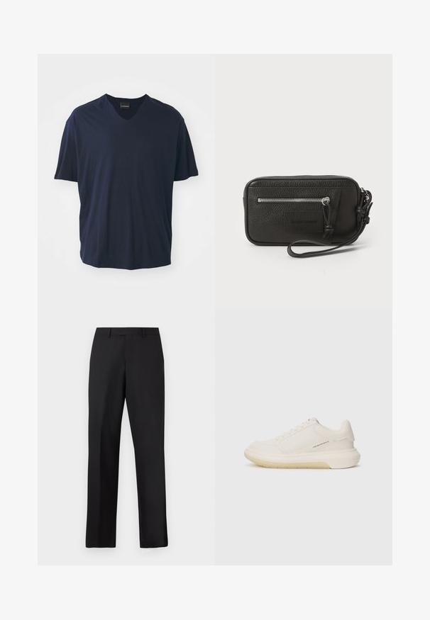 Tricou bleumarin cu mânecă scurtă și decolteu în V, realizat dintr-un material moale, având o croială lejeră, fără logo-uri sau modele vizibile.; Pantaloni negri cu talie dreaptă, realizați dintr-un material neted. Prezintă o talie standard și nu au modele sau accente vizibile.; Adidași albi cu partea superioară din piele netedă, vârf rotunjit și talpă groasă din cauciuc. Caracterizată prin cusături minime și un detaliu subtil al logo-ului pe lateral.; Plică din piele neagră cu suprafață texturată, buzunar frontal cu fermoar și curea pentru încheietura mâinii detasabilă. Dispune de un patch cu logo pe față. Formă rectangulară.