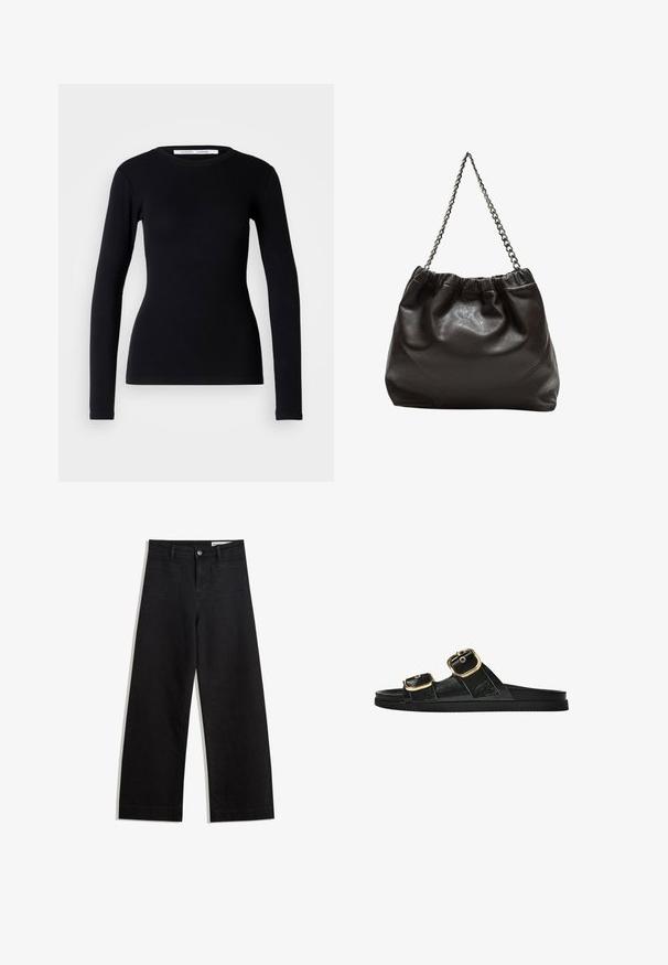Zwarte lange mouwen top van ribstof. Heeft een ronde halslijn en een getailleerde pasvorm. Geen patronen of versieringen. Eenvoudig ontwerp.; Zwarte denim broek met wijde pijpen en een hoge taille, voorzien van voor- en achterzakken, gestikte naden en een knoopsluiting. Gladde textuur.; Zwarte slipper met twee gouden gesps, gladde textuur, platte zool en een minimalistisch ontwerp.; Bruine leren tas met een geplooide bovenkant en een kettinghengsel. Glad textuur met een glanzende afwerking en subtiele naaddetails aan de zijkanten.