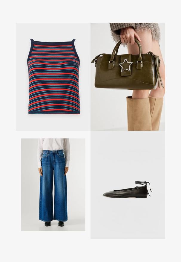 Csíkos ujjatlan tank top, piros, kék és tengerészkék vízszintes vonalakkal, bordázott textúrával.; Kék, magas derekú, bő szárú farmernadrág, elől zsebekkel és gombos záródással. Simogató textúra, klasszikus mosással.; Fekete bőr balettcipők hegyes orral, bokakötővel és lapos talppal, sima textúrával és minimalista dizájnnal.; Olívazöld műbőr kézitáska ezüst csillag díszítéssel, dupla fogantyúval és cipzáros zárással. Texturált felület és formázott alak.
